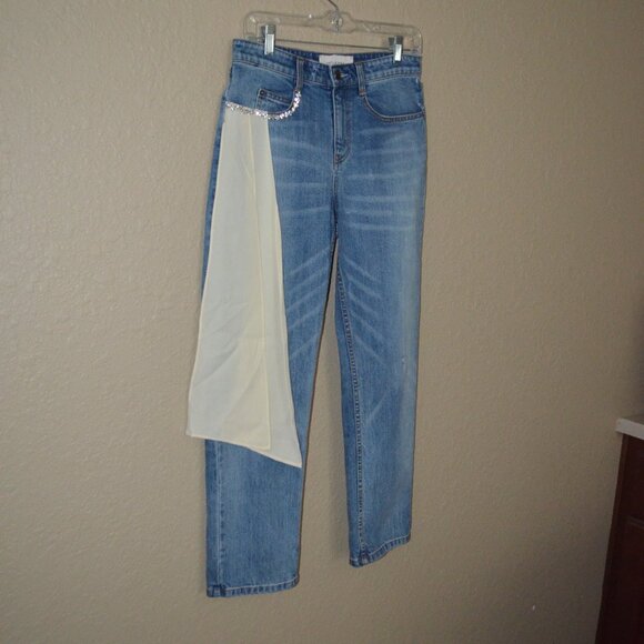 Sz 4 Hellessy Silk Cream Tie Sash Jewel Detail Denim Blue Jeans - Picture 5 of 11